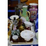 TRAY CONTAINING GENERAL CERAMICS, FIGURINE ORNAMENTS, COMPORT, DECORATIVE VASES, BRASS CLOCK ETC