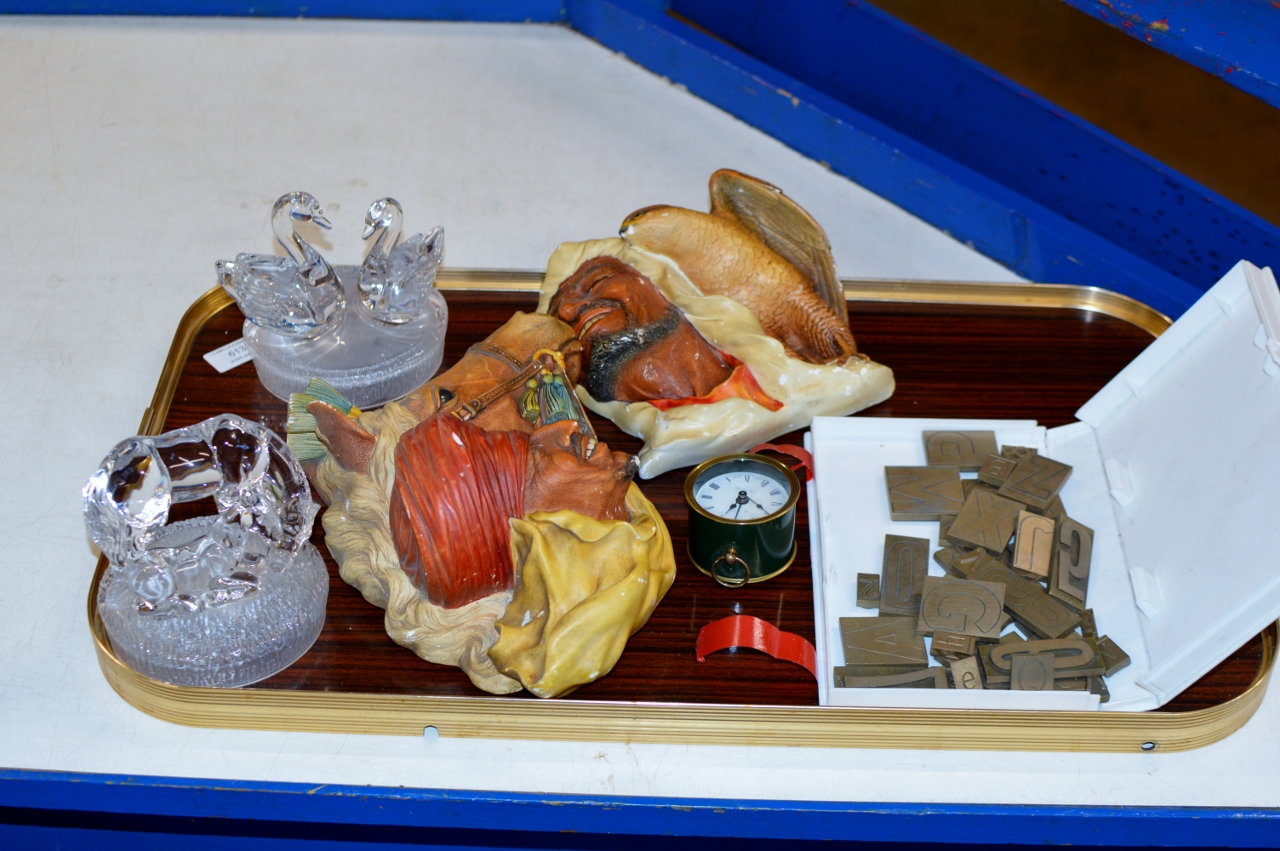 TRAY CONTAINING GLASS PAPER WEIGHTS, BOSSUN ORNAMENTS, TRAVEL CLOCK, BRASS PRINTING LETTERS ETC