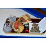 TRAY CONTAINING GLASS PAPER WEIGHTS, BOSSUN ORNAMENTS, TRAVEL CLOCK, BRASS PRINTING LETTERS ETC