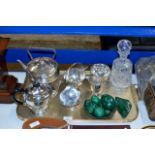 TRAY CONTAINING DECANTER WITH STOPPER, VARIOUS EPNS WARE, VARIOUS MALACHITE EGGS ETC