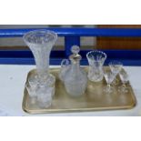 TRAY CONTAINING VARIOUS CUT CRYSTAL WARE WITH A SILVER MOUNTED DECANTER, LARGE VASE, STEM GLASSES