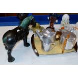 5 PIECE PICQUOT WARE TEA SERVICE & BLUE MOUNTAIN STYLE HORSE ORNAMENT