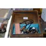 BOX WITH VARIOUS WRIST WATCHES, COSTUME JEWELLERY, BADGES ETC