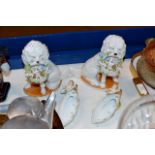 PAIR OF OLD CONTINENTAL PORCELAIN DOG ORNAMENTS & PAIR OF MEISSEN STYLE OPEN SALT DISHES