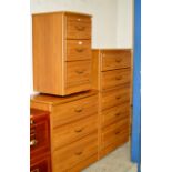 A 3 PIECE MODERN TEAK BEDROOM SUITE COMPRISING 5 DRAWER CHEST, 3 DRAWER CHEST & 3 DRAWER BEDSIDE