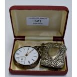 A SILVER CASED OPEN FACE POCKET WATCH WITH CHAIN & AN ORNATE WHITE METAL VESTA CASE