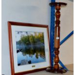 A MAHOGANY PLANT STAND & FRAMED PRINT