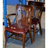 A PAIR OF MAHOGANY SPAR BACK CHAIRS WITH LEATHER SEATS