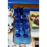 BLUE GLASS JUG WITH SET OF 6 BLUE STEM GLASSES