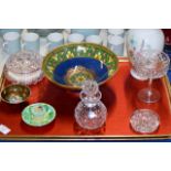 TRAY CONTAINING ORNATE CUT CRYSTAL LIDDED JAR, AYNSLEY PORCELAIN VASE, LIDDED PERFUME BOTTLE,