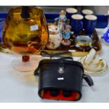 LARGE COLOURED GLASS GOBLET, TRIO SET & CASED PAIR OF BINOCULARS