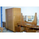 RETRO TEAK BEDROOM SET COMPRISING 3 DRAWER CHEST, DOUBLE DOOR WARDROBE, DRESSING TABLE & CONTINENTAL