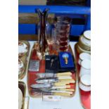 TRAY CONTAINING 1970S COLOURED GLASS VASE, VARIOUS COINAGE, DECANTER BOTTLE, VARIOUS STOPPERS, E.P.