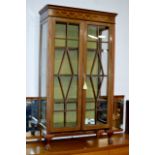 EDWARDIAN INLAID MAHOGANY DOUBLE DOOR DISPLAY CABINET ON BALL & CLAW FEET