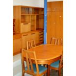 6 PIECE VINTAGE NATHAN TEAK DINING SET COMPRISING DISPLAY UNIT, TABLE & 4 CHAIRS