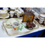 TRAY CONTAINING GRAYS POTTERY SUSIE COOPER JUG, SMITHS CLOCK, OLD CAMERA ETC