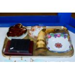 TRAY CONTAINING 2 BOXED SETS OF EPNS CUTLERY, LOSOL WARE DISH, CARLTON WARE LEAF DISHES, HORN