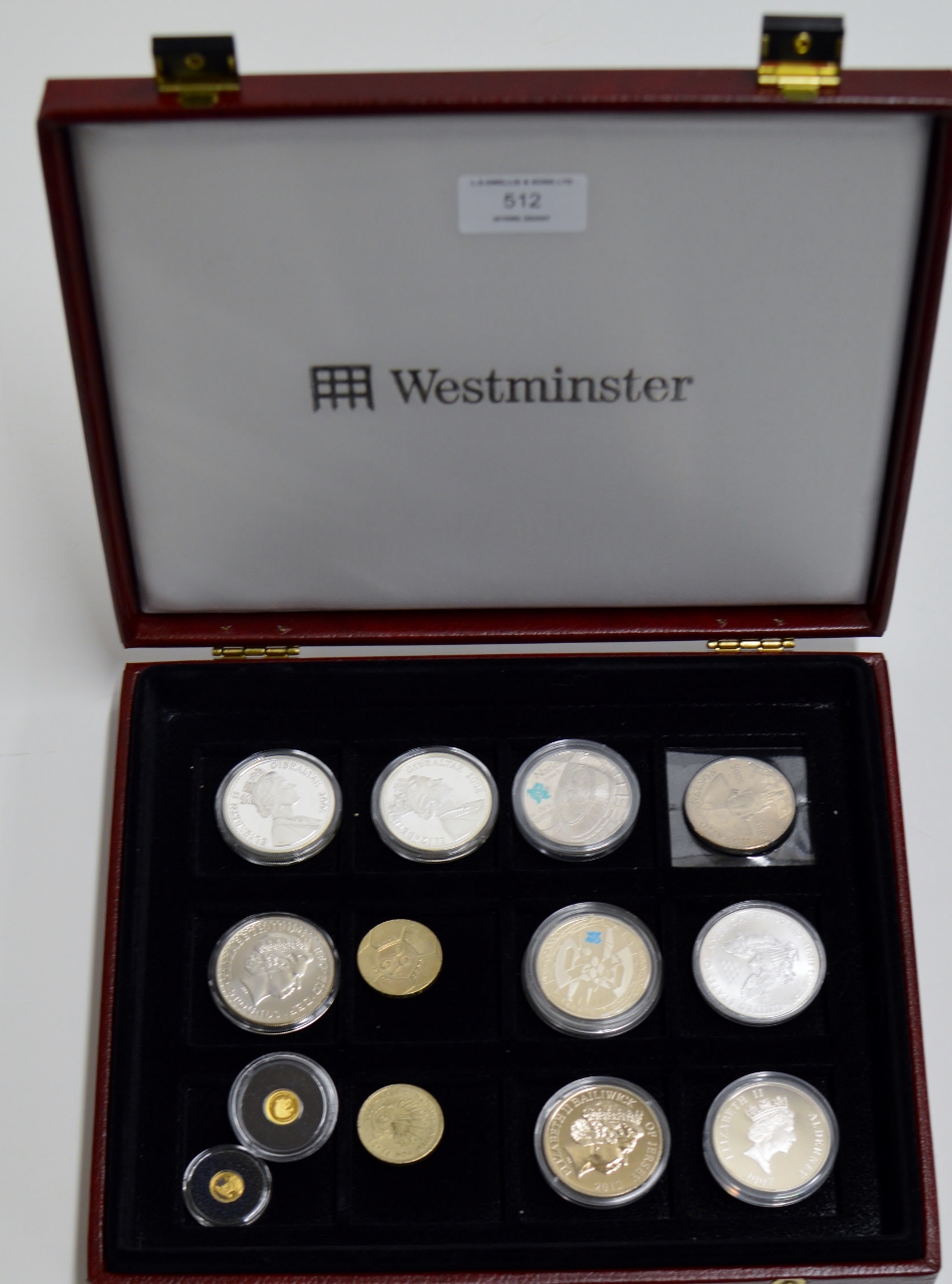 A BOX WITH VARIOUS PRESENTATION COINS, SILVER PROOF COINS, SMALL GOLD EXAMPLES ETC