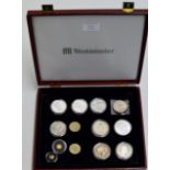 A BOX WITH VARIOUS PRESENTATION COINS, SILVER PROOF COINS, SMALL GOLD EXAMPLES ETC
