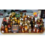 A TRAY WITH A COLLECTION OF VARIOUS WHISKY & ALCOHOL MINIATURES