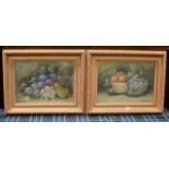 A PAIR OF 9½" X 13¾" GILT FRAMED OIL PAINTINGS ON BOARDS - STILL LIFE SCENES, BASKETS OF FRUIT,