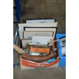 A BOX CONTAINING VARIOUS PICTURES, ARTISTS EASEL, PAINTS ETC