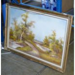 A LARGE GILT FRAMED OIL ON CANVAS - LANDSCAPE SCENE