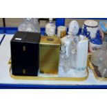 TRAY CONTAINING VARIOUS DECANTERS, WHISKY DECANTERS, CUT CRYSTAL DECANTER, PUB JUG ETC