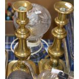 2 BRASS CANDLE STICK HOLDERS, GLASS LAMP WITH GLASS SHADE