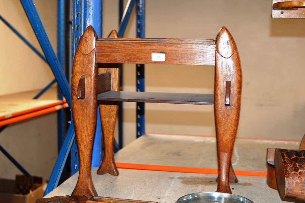 A NOVELTY OAK CHEQUER TOP TABLE ON SUPPORTS MODELLED AS FISH