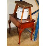 A SMALL TEAK FRAMED STOOL, FLIP TOP STOOL & LIDDED PAN