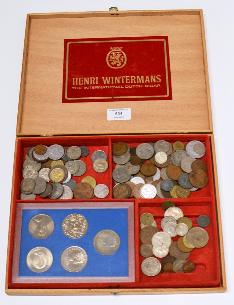 A CIGAR BOX WITH ASSORTED OLD COINAGE