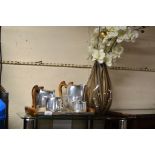 A 5 PIECE PICQUOT WARE TEA SERVICE & A LARGE DECORATIVE GLASS VASE