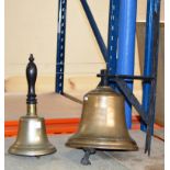 A HEAVY GAUGE WALL BELL & A HEAVY BRASS HAND BELL