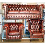 A 3 PIECE CHESTERFIELD OX BLOOD LEATHER LOUNGE SUITE COMPRISING 3 SEATER SETTEE, CLUB CHAIR & WING
