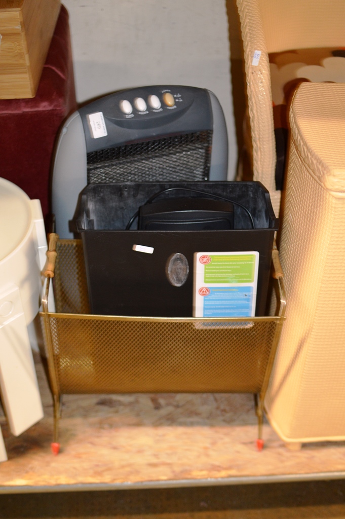 A HALOGEN HEATER, PAPER SHREDDER, MAGAZINE RACK & BREADBIN