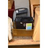 A HALOGEN HEATER, PAPER SHREDDER, MAGAZINE RACK & BREADBIN