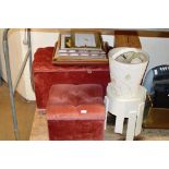 A PADDED OTTOMAN WITH MATCHING STOOL, PLASTIC STOOLS, WALL CLOCK, DOME CLOCK, QUANTITY VARIOUS