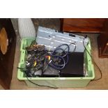 A BOX WITH DVD PLAYER, CABLES & LEADS, SPEAKERS ETC - BOX NOT INCLUDED