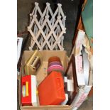 A BOX CONTAINING BOTTLE RACK, VINTAGE FISHER PRICE TOYS, DART BOARD ETC