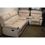 A 3 PIECE MODERN CREAM LEATHER RECLINING LOUNGE SUITE COMPRISING 3 SEATER SETTEE & 2 SINGLE ARM
