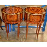 A PAIR OF ORNATE 19TH CENTURY FRENCH INLAID 3 DRAWER BEDSIDE CHESTS WITH GALLERY TOPS