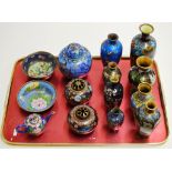 A TRAY WITH ASSORTED CHINESE & JAPANESE CLOISONNÉ WARE WITH A MINIATURE TEAPOT, VARIOUS VASES,