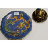 A 9" DIAMETER CHINESE CLOISONNÉ SHAPED DISH WITH DRAGON & PHOENIX DECORATION, TOGETHER WITH A