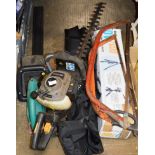 AN ENGINE HEDGE TRIMMER, VARIOUS TOOLS, TRIPOD STAND ETC