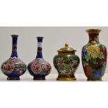 A PAIR OF 7¼" JAPANESE CLOISONNÉ BOTTLE VASES, AN 8¼" CHINESE CLOISONNÉ VASE & A 6" CHINESE