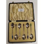 A CASED SET OF 6 ART DECO STERLING SILVER & ENAMEL COFFEE SPOONS WITH BIRMINGHAM ASSAY MARKS,