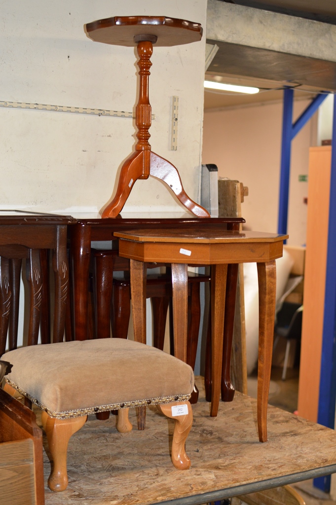 A SMALL PADDED STOOL, WINE TABLE & FLIP TOP SEWING TABLE