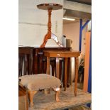 A SMALL PADDED STOOL, WINE TABLE & FLIP TOP SEWING TABLE