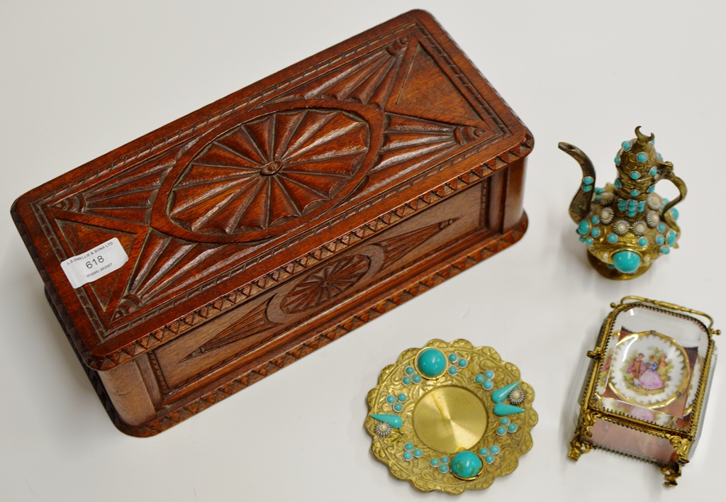 A DECORATIVE WOODEN BOX, AN ORNATE GILT METAL MINIATURE DISPLAY CASE & AN ORNATE EASTERN MINIATURE